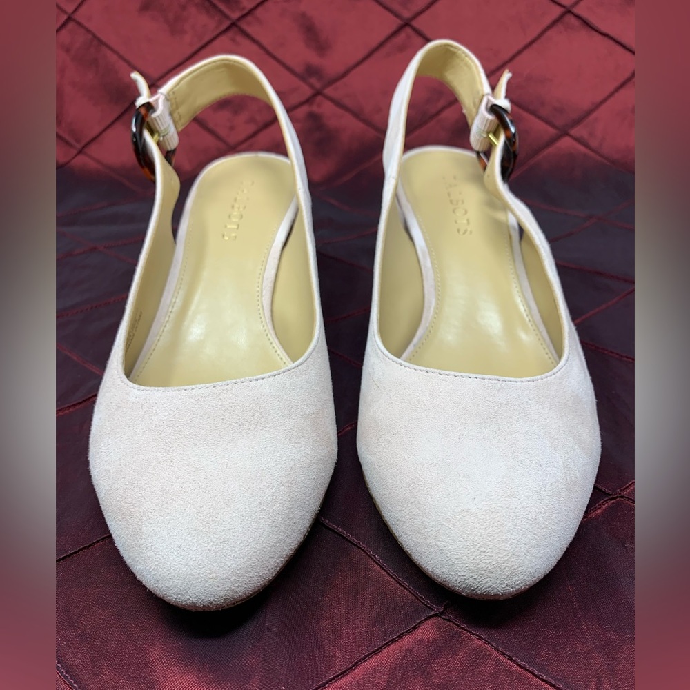 Talbots classic genuine suede leather closed toe slingback shoes with block heel